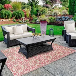 Kirklands Home Pink and Cream Floral Tile Outdoor Area Rug, 4x6 Clearance