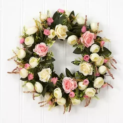 Wreaths>Kirklands Home Pink and Ivory Roses Wreath