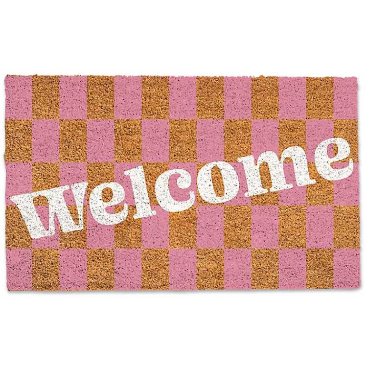 Kirklands Home Pink Checkered Welcome Coir Doormat Discount