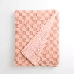 Blankets & Throws>Kirklands Home Faux Fur and Boucle Checkerboard Throw Pink