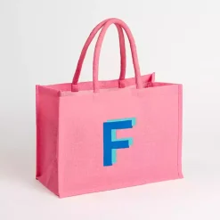 Monogram Seasonal Decor>Kirklands Home Monogram F Jute Tote Bag Pink