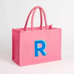 Monogram Seasonal Decor>Kirklands Home Monogram R Jute Tote Bag Pink