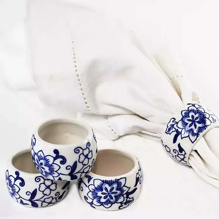 Kirklands Home Pip Vintage Blue Floral Napkin Rings, Set of 4 Clearance