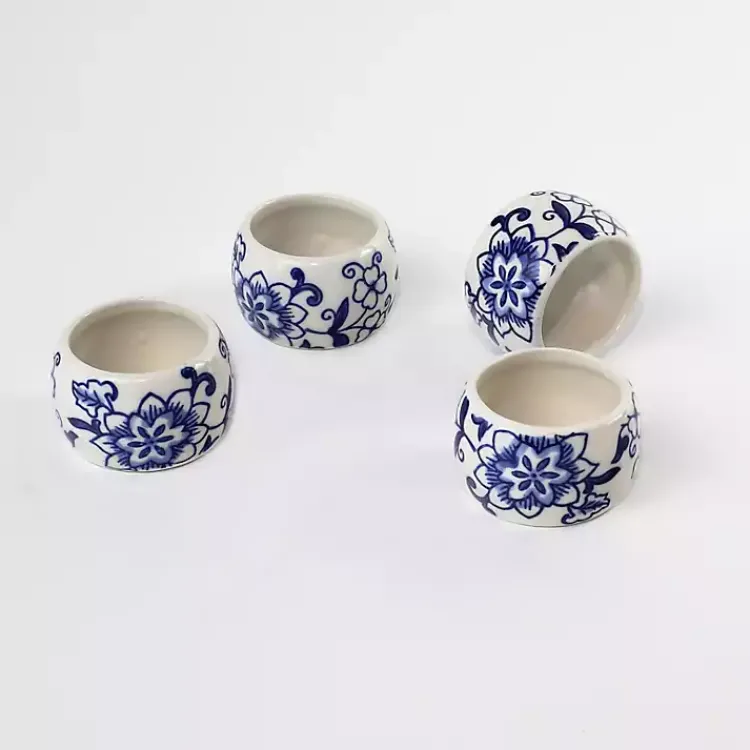 Kirklands Home Pip Vintage Blue Floral Napkin Rings, Set of 4 Clearance