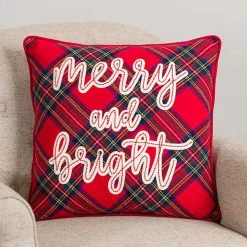 Pillows>Kirklands Home Plaid Embroidered Merry and Bright Pillow