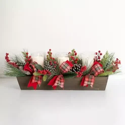 Christmas Centerpieces>Kirklands Home Plaid Ribbon and Berries Candle Centerpiece