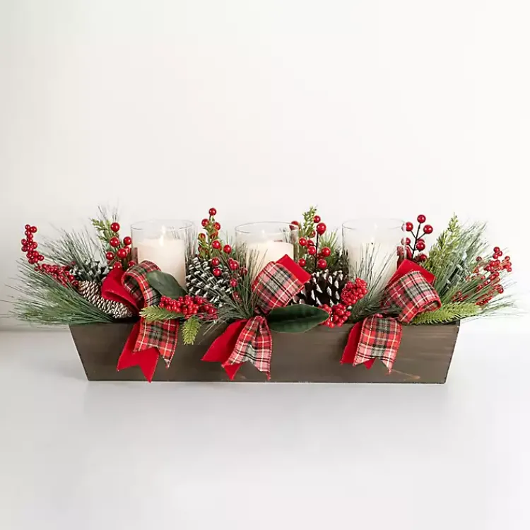 Christmas Centerpieces>Kirklands Home Plaid Ribbon and Berries Candle Centerpiece