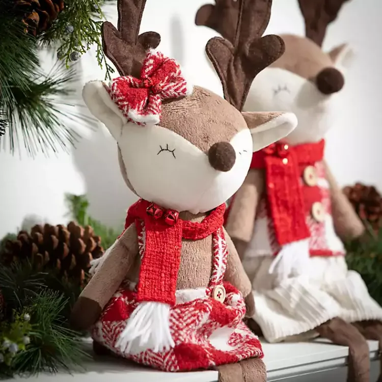 Christmas Decorations>Kirklands Home Plush Reindeer Plaid Shelf Sitters, Set of 2