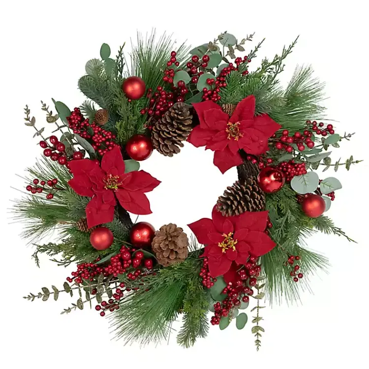 Christmas Wreaths>Kirklands Home Poinsettia and Red Berry Wreath