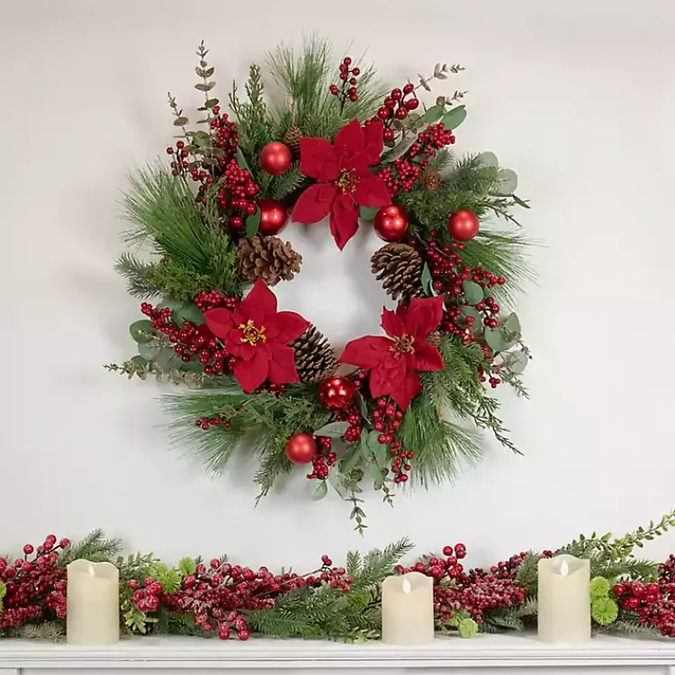 Christmas Wreaths>Kirklands Home Poinsettia and Red Berry Wreath