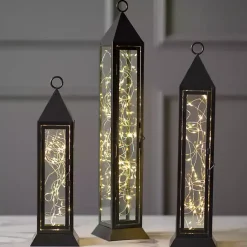 Lanterns>Kirklands Home Pre-Lit Metal Twinkle Lights Lantern, 22 in. Black