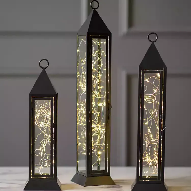 Lanterns>Kirklands Home Pre-Lit Metal Twinkle Lights Lantern, 18 in. Black