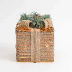 Outdoor Christmas Decorations>Kirklands Home Pre-Lit Braided Burlap Christmas Gift Box, 8 in. Tan