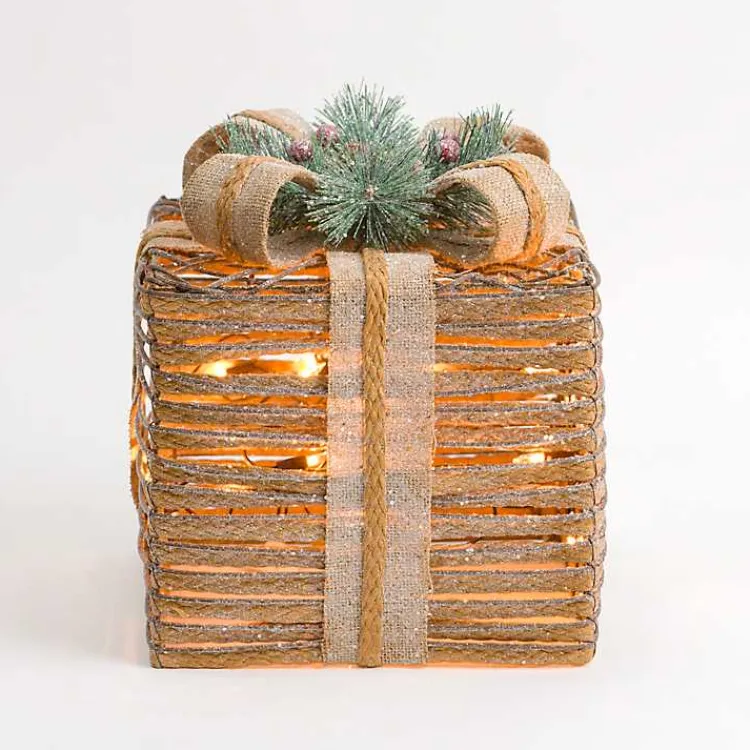 Outdoor Christmas Decorations>Kirklands Home Pre-Lit Braided Burlap Christmas Gift Box, 10 in. Tan