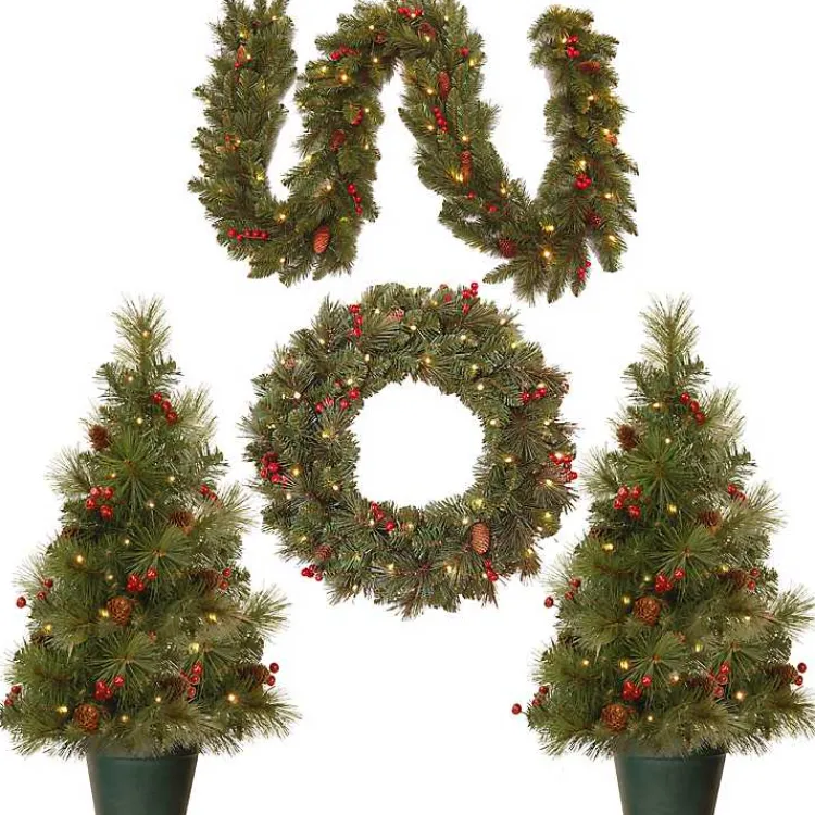 Christmas Wreaths>Kirklands Home Pre-Lit Christmas Tree and Wreath 4-pc. Set Green