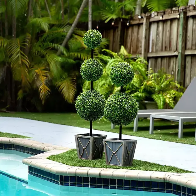 Trees & Topiaries>Kirklands Home Pre-Lit Double Boxwood Topiary in Planter, 3 ft.
