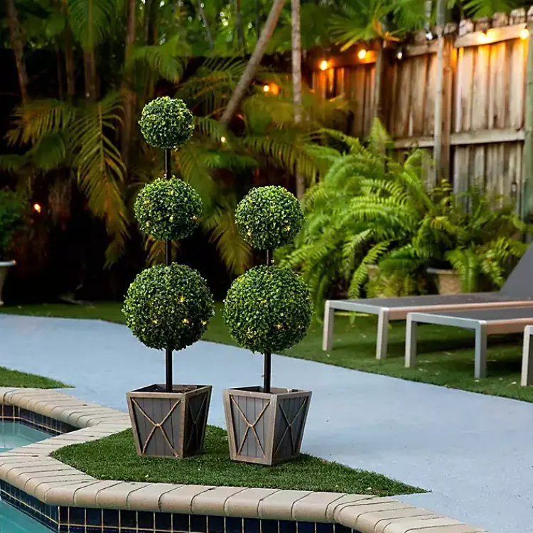 Trees & Topiaries>Kirklands Home Pre-Lit Double Boxwood Topiary in Planter, 3 ft.