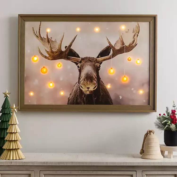 Christmas Art & Wall Decor>Kirklands Home Pre-Lit Elmer the Moose Framed Canvas Art Print Brown