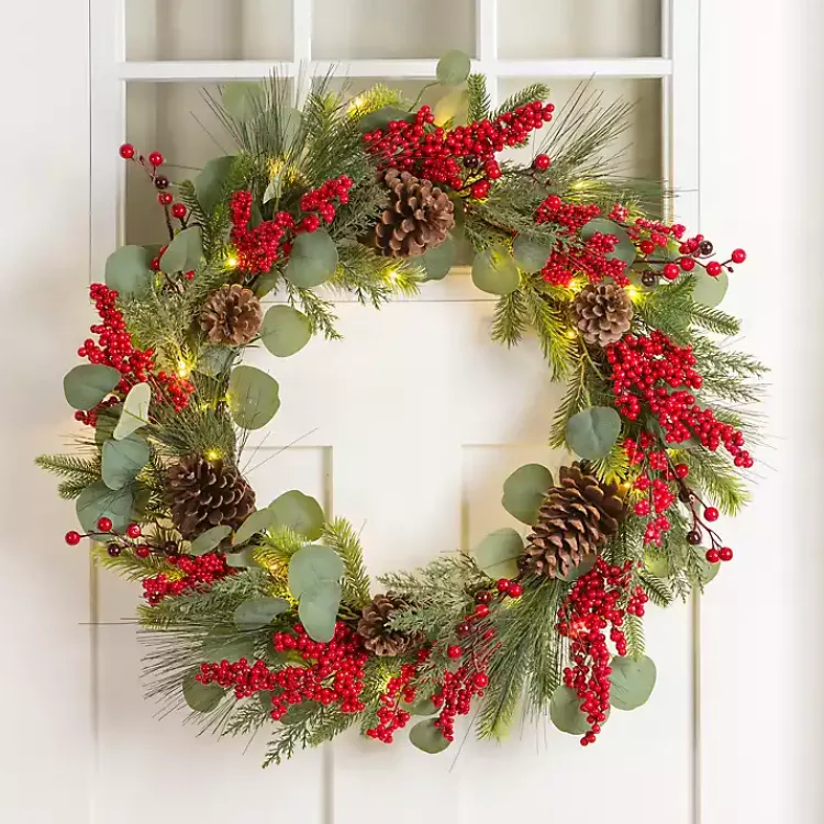 Wreaths>Kirklands Home Pre-Lit Eucalyptus and Red Berry Wreath