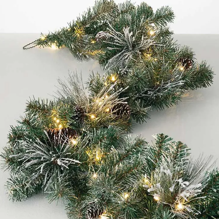 Christmas Arrangements & Garland>Kirklands Home Pre-Lit Flocked Mixed Pine and Pinecone Garland Green