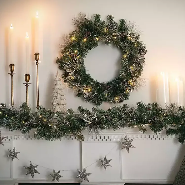 Christmas Arrangements & Garland>Kirklands Home Pre-Lit Flocked Mixed Pine and Pinecone Garland Green