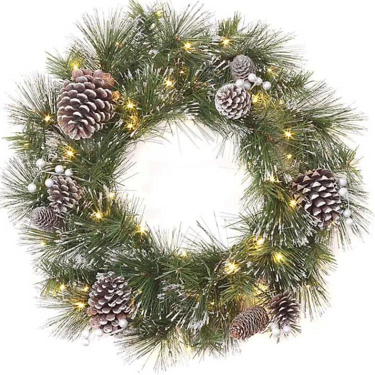 Christmas Wreaths>Kirklands Home Pre-lit Frosted White Berry and Pinecone Wreath Green