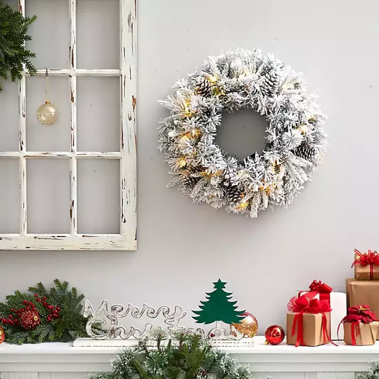 Christmas Wreaths>Kirklands Home Pre-Lit Fully Flocked Pine Branch Wreath White
