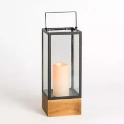 Lanterns>Kirklands Home Pre-Lit Glass Lantern with Wood Base, 16 in.