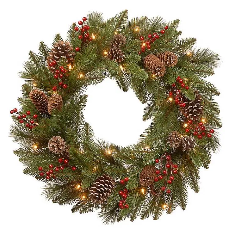 Wreaths>Kirklands Home Pre-Lit Pine Cone Bristle Berry Christmas Wreath