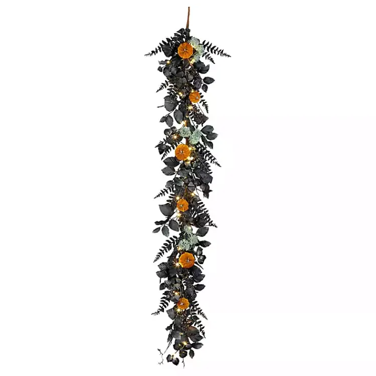 Halloween>Kirklands Home Pre-Lit Pumpkin and Black Leaf Garland