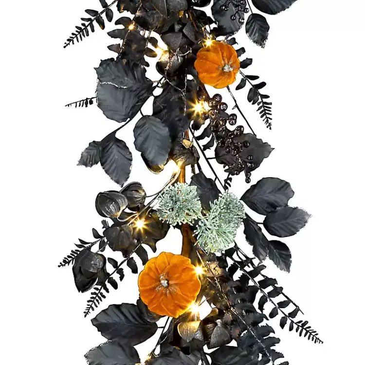 Halloween>Kirklands Home Pre-Lit Pumpkin and Black Leaf Garland