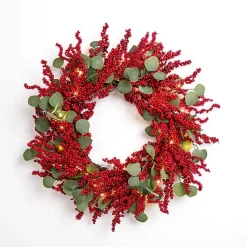 Christmas Wreaths>Kirklands Home Pre-lit Red Berry and Eucalyptus Wreath