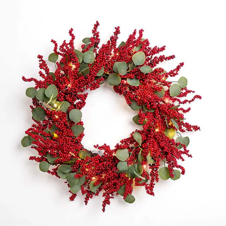 Christmas Wreaths>Kirklands Home Pre-lit Red Berry and Eucalyptus Wreath