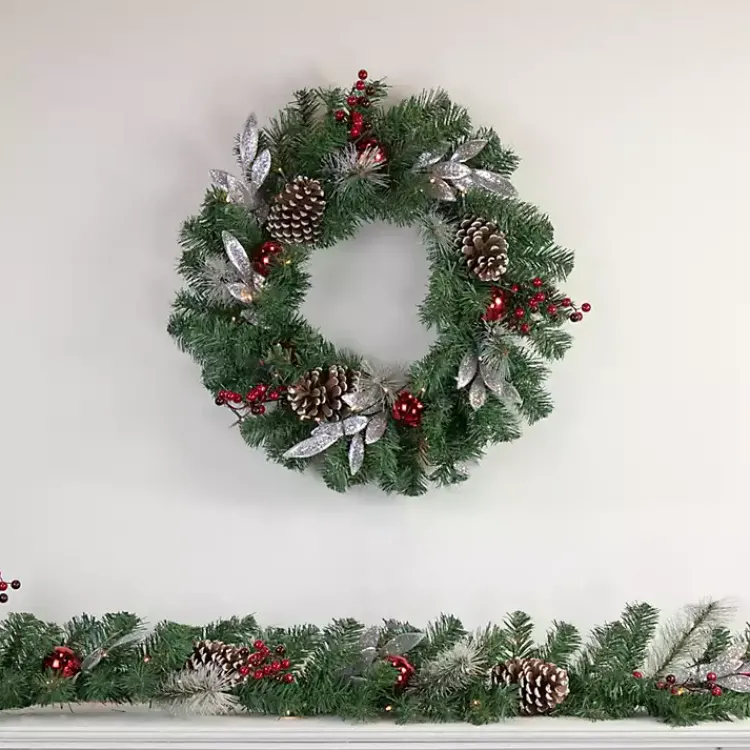 Christmas Wreaths>Kirklands Home Pre-Lit Silver Leaf and Pine Wreath Green
