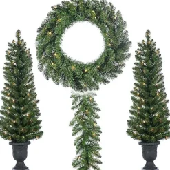 Christmas Arrangements & Garland>Kirklands Home Pre-Lit Vancouver Pine 4-pc. Christmas Floral Set Green