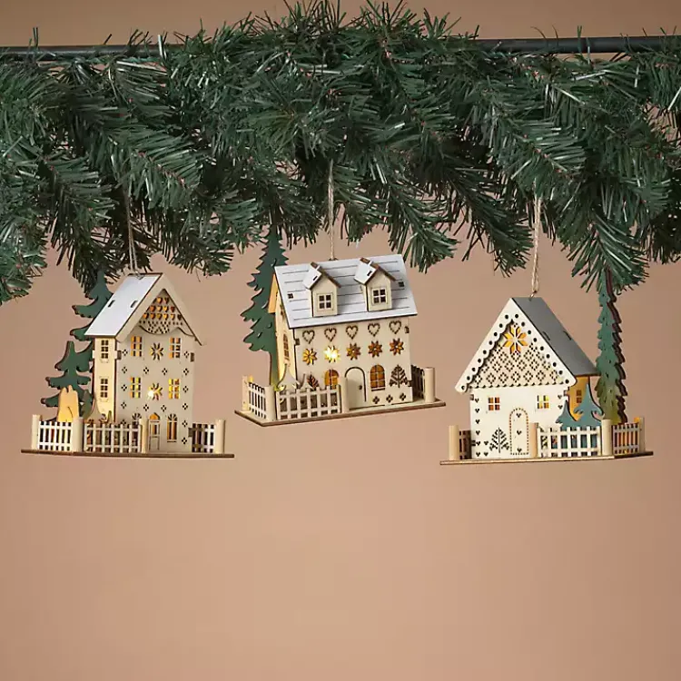 Christmas Ornaments>Kirklands Home Pre-Lit Wooden House Christmas Ornaments, Set of 3 Tan