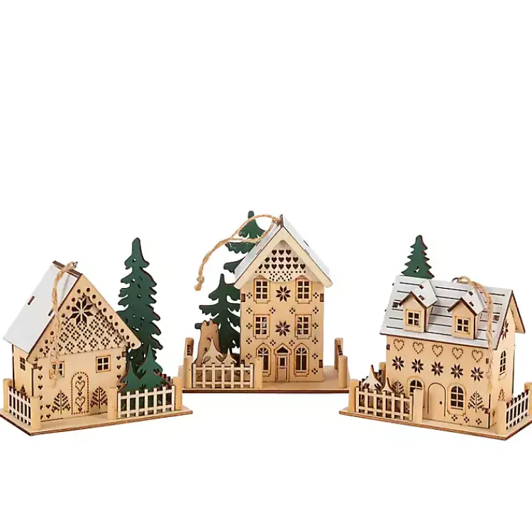 Christmas Ornaments>Kirklands Home Pre-Lit Wooden House Christmas Ornaments, Set of 3 Tan