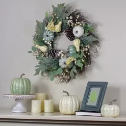 Fall>Kirklands Home Pumpkins and ery Mix Wreath Green