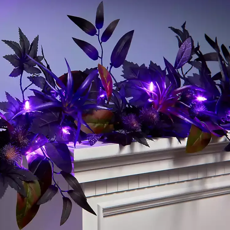 Halloween>Kirklands Home Purple Pre-Lit Black Leaves Garland