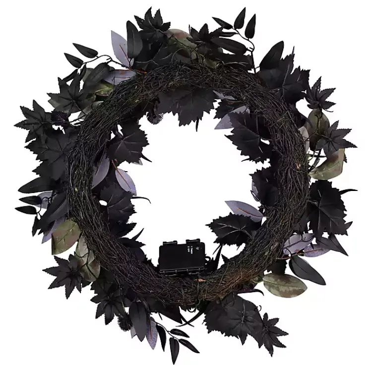Halloween>Kirklands Home Purple Pre-Lit Black Leaves Wreath