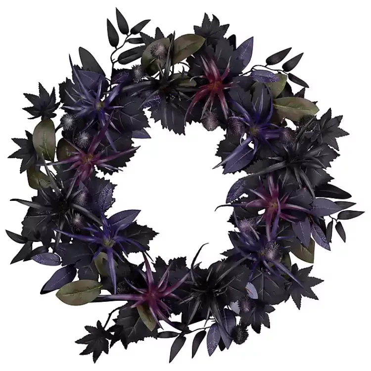 Halloween>Kirklands Home Purple Pre-Lit Black Leaves Wreath