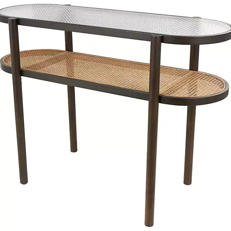 Kirklands Home Rattan and Glass 2-Tier Console Table New