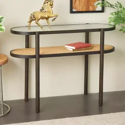 Kirklands Home Rattan and Glass 2-Tier Console Table New