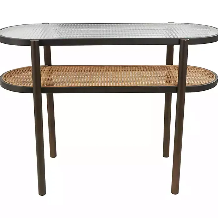 Kirklands Home Rattan and Glass 2-Tier Console Table New