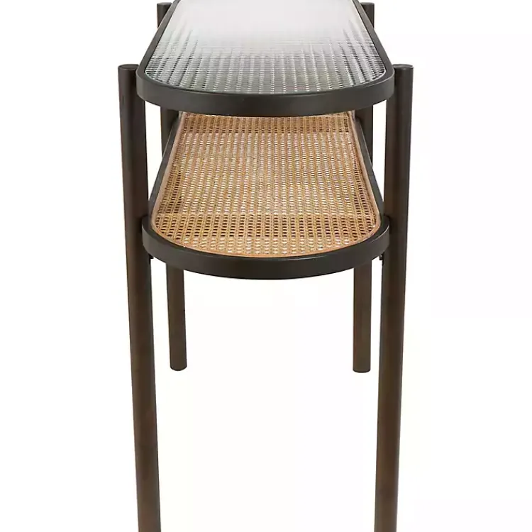 Kirklands Home Rattan and Glass 2-Tier Console Table New