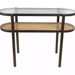 Kirklands Home Rattan and Glass 2-Tier Console Table New