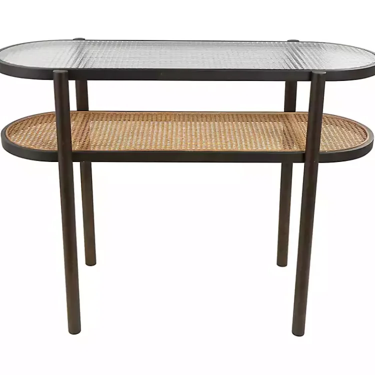 Kirklands Home Rattan and Glass 2-Tier Console Table New