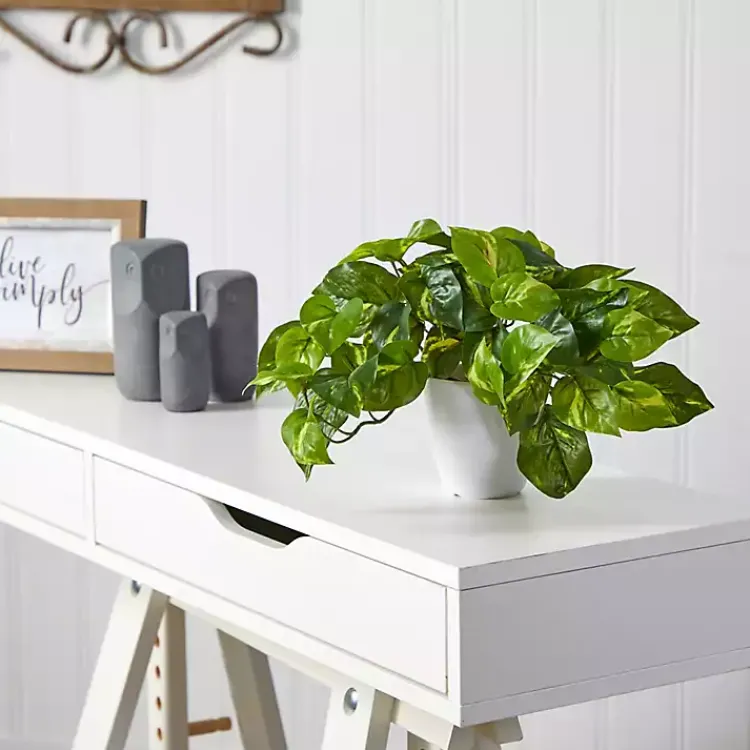 Arrangements & Greenery>Kirklands Home Real Touch Variegated Pothos in White Planter