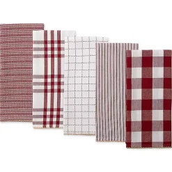 Kirklands Home Red & White Woven Patterns 5-pc. Dish Towel Set New