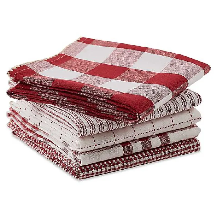 Kirklands Home Red & White Woven Patterns 5-pc. Dish Towel Set New